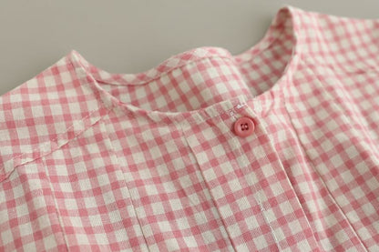 Gingham Blouse with Crew Neckline and Extended Sleeves