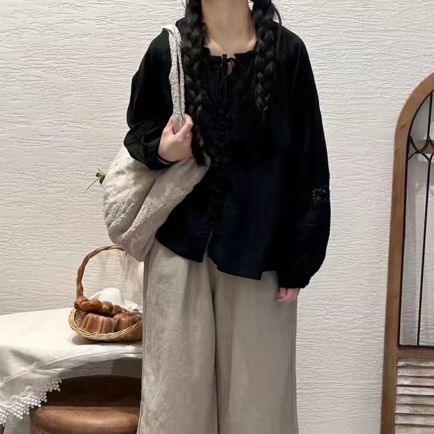 Frill Trim Lace Panel Long Sleeve Solid Blouse