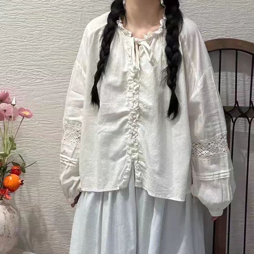 Frill Trim Lace Panel Long Sleeve Solid Blouse