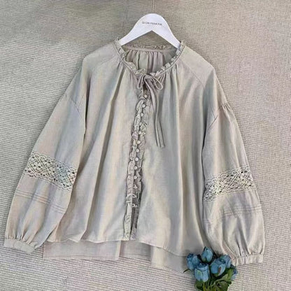 Frill Trim Lace Panel Long Sleeve Solid Blouse