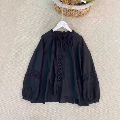 Frill Trim Lace Panel Long Sleeve Solid Blouse