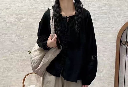 Frill Trim Lace Panel Long Sleeve Solid Blouse
