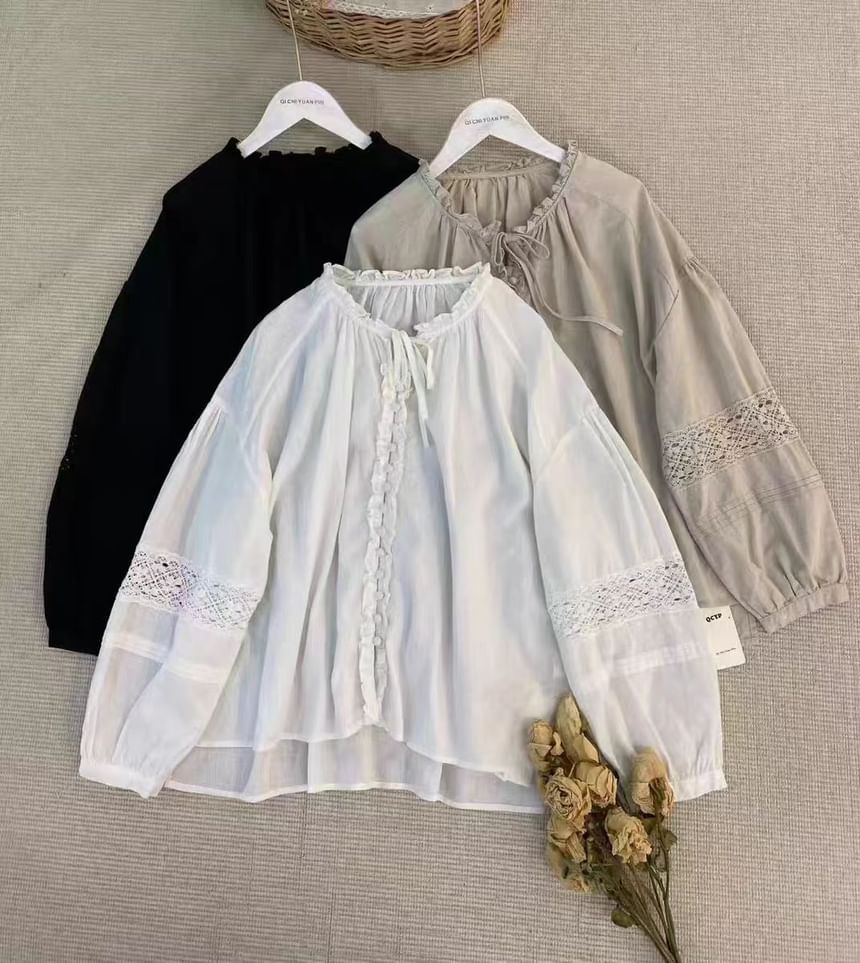 Frill Trim Lace Panel Long Sleeve Solid Blouse
