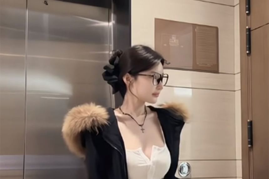 Long Sleeve Plain Faux Fur Trim Zip-Up Jacket