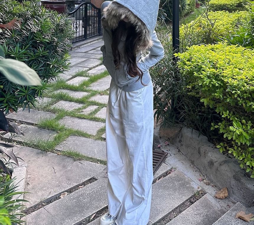 Long Sleeve Plain Faux Fur Trim Zip-Up Jacket