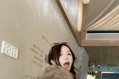 Ear Hooded Plain Fluffy Jacket