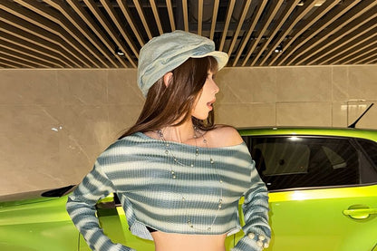One Shoulder Striped Crop Top and Mid Rise Shorts