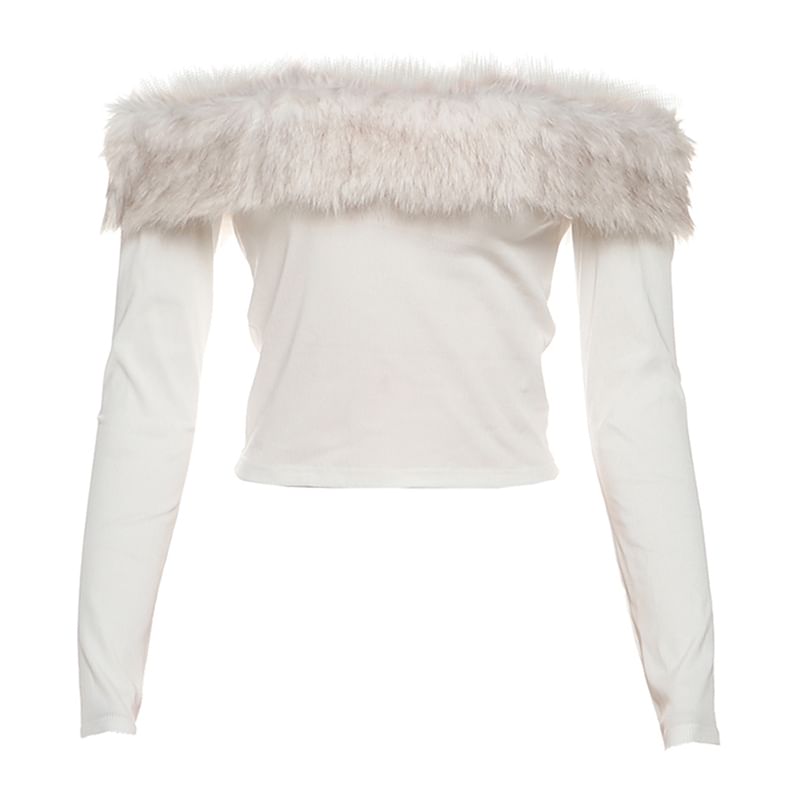 Off Shoulder Faux Fur Panel Long Sleeve Top