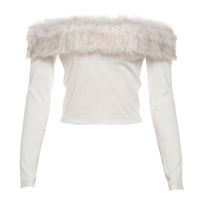 Off Shoulder Faux Fur Panel Long Sleeve Top