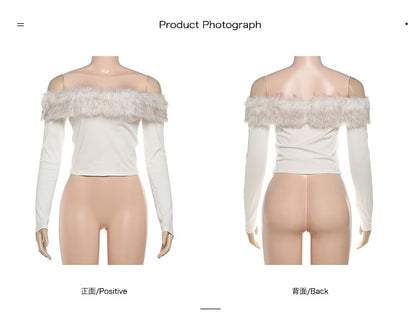 Off Shoulder Faux Fur Panel Long Sleeve Top