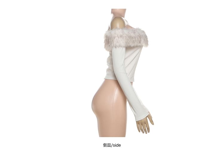 Off Shoulder Faux Fur Panel Long Sleeve Top