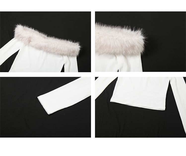 Off Shoulder Faux Fur Panel Long Sleeve Top