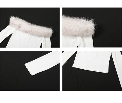 Off Shoulder Faux Fur Panel Long Sleeve Top