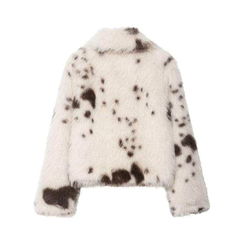 Collared Cow Print Fluffy Jacket