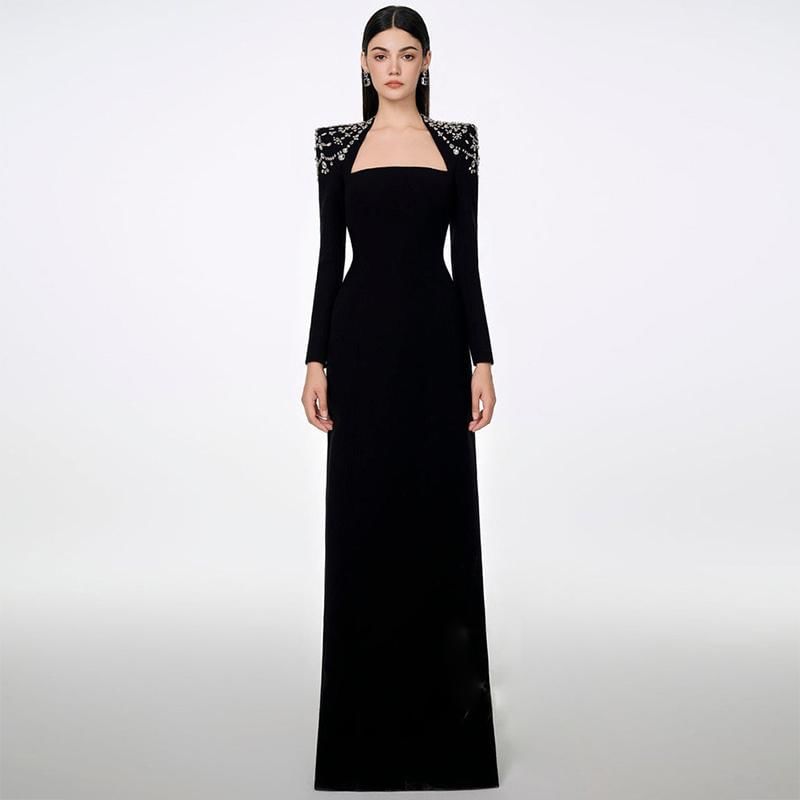 Long-Sleeve Queen Anne Neckline Glitter A-Line Evening Gown