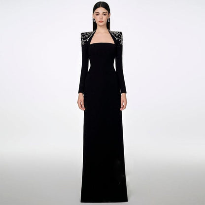Long-Sleeve Queen Anne Neckline Glitter A-Line Evening Gown