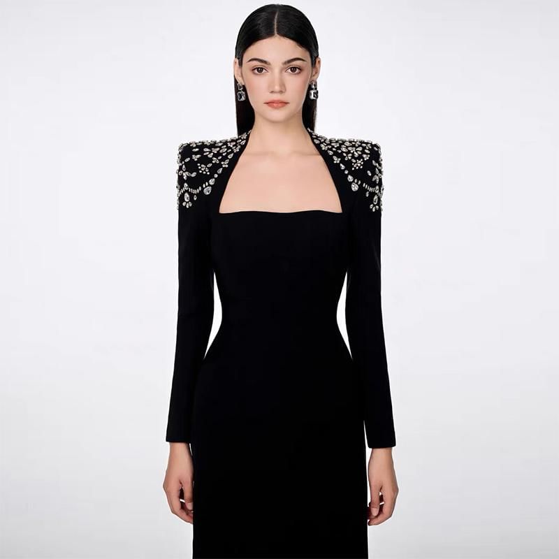 Long-Sleeve Queen Anne Neckline Glitter A-Line Evening Gown