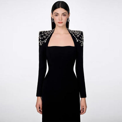 Long-Sleeve Queen Anne Neckline Glitter A-Line Evening Gown