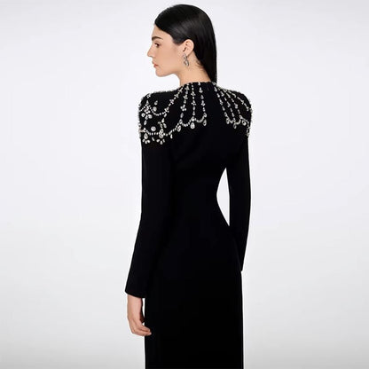Long-Sleeve Queen Anne Neckline Glitter A-Line Evening Gown