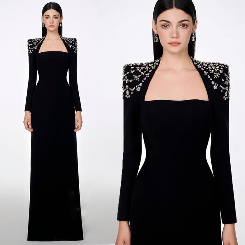 Long-Sleeve Queen Anne Neckline Glitter A-Line Evening Gown