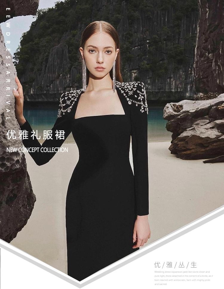 Long-Sleeve Queen Anne Neckline Glitter A-Line Evening Gown