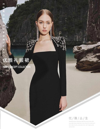 Long-Sleeve Queen Anne Neckline Glitter A-Line Evening Gown