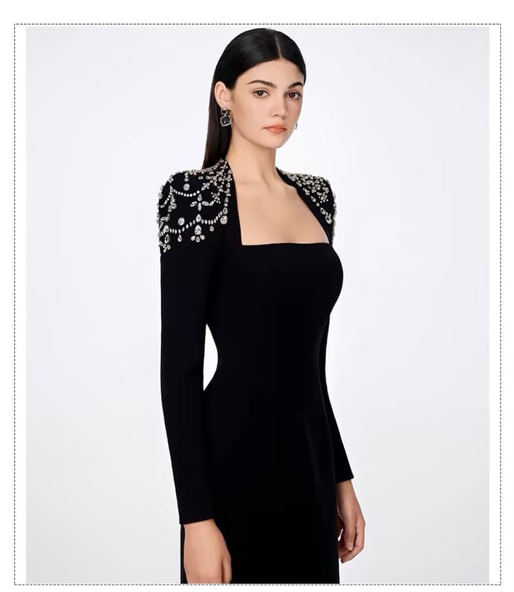Long-Sleeve Queen Anne Neckline Glitter A-Line Evening Gown