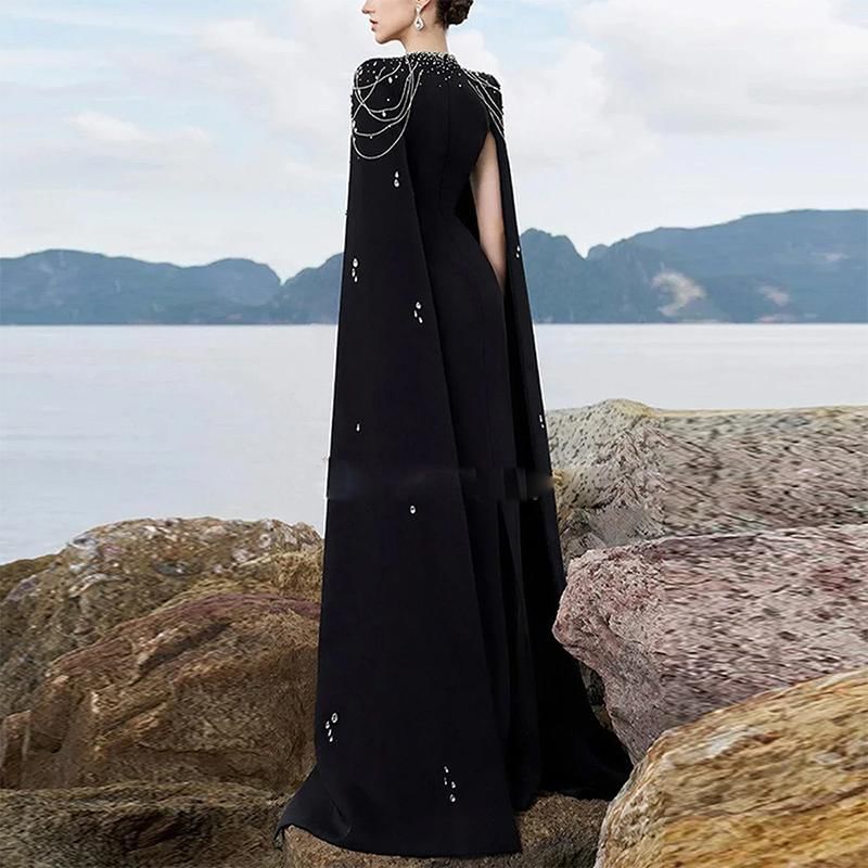 Slit-Sleeve Queen Anne Neckline Glitter A-Line Evening Gown
