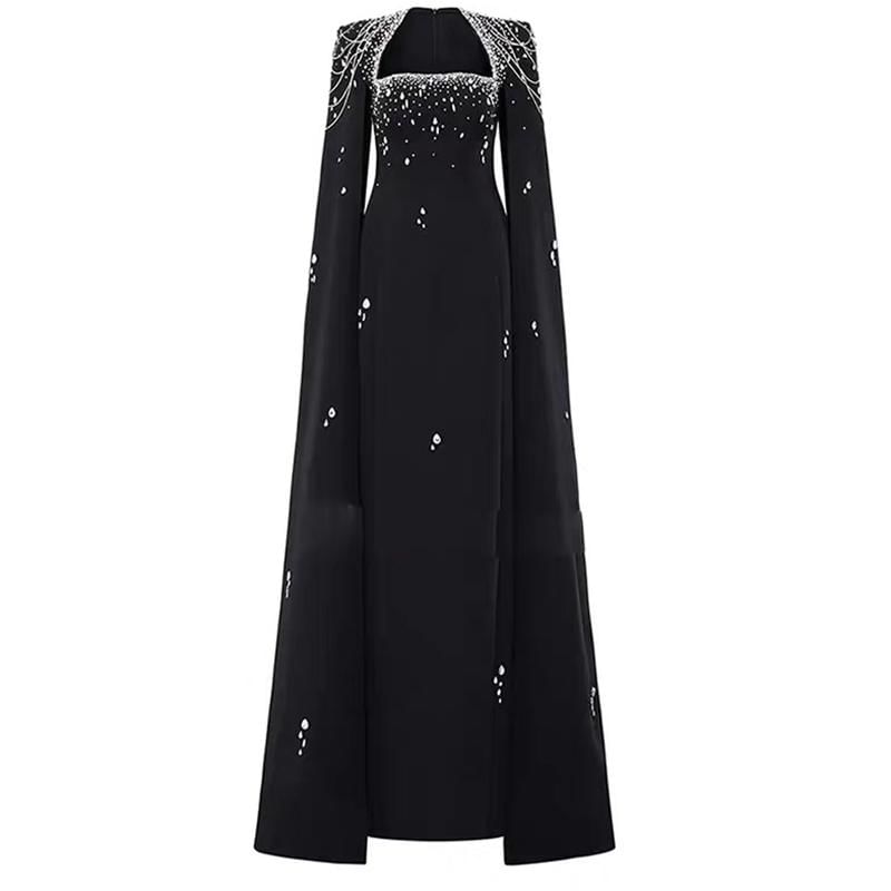 Slit-Sleeve Queen Anne Neckline Glitter A-Line Evening Gown