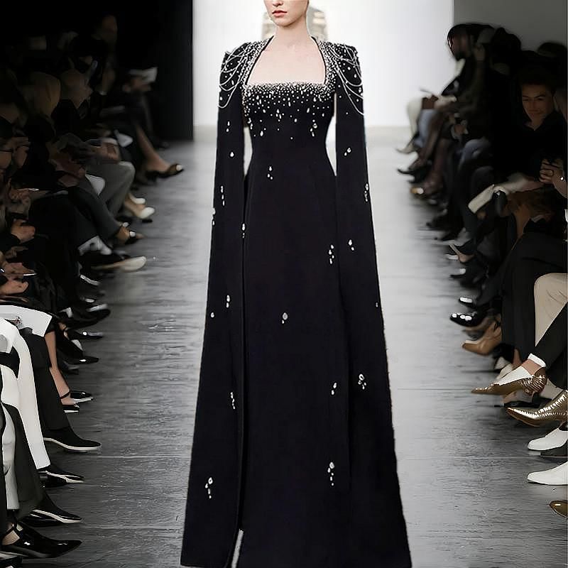 Slit-Sleeve Queen Anne Neckline Glitter A-Line Evening Gown