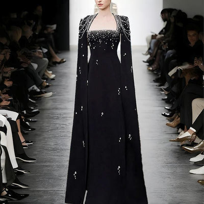 Slit-Sleeve Queen Anne Neckline Glitter A-Line Evening Gown