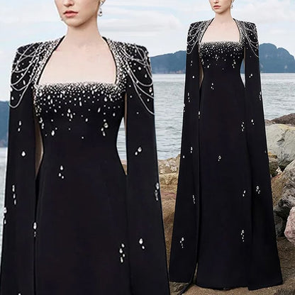 Slit-Sleeve Queen Anne Neckline Glitter A-Line Evening Gown