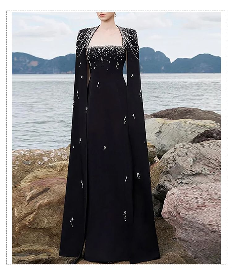 Slit-Sleeve Queen Anne Neckline Glitter A-Line Evening Gown