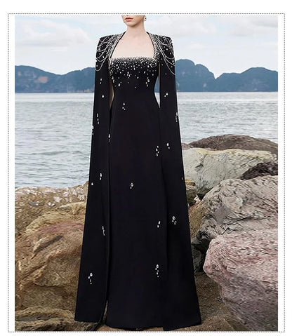 Slit-Sleeve Queen Anne Neckline Glitter A-Line Evening Gown