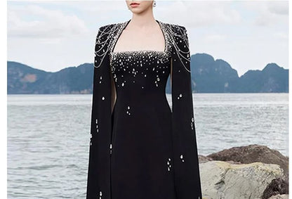 Slit-Sleeve Queen Anne Neckline Glitter A-Line Evening Gown