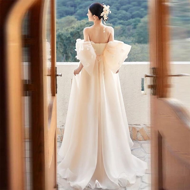 Puff-Sleeve Off Shoulder Sheer A-Line Evening Gown
