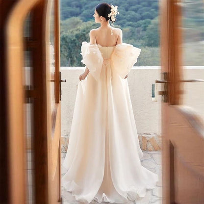 Puff-Sleeve Off Shoulder Sheer A-Line Evening Gown