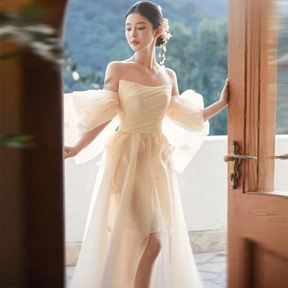 Puff-Sleeve Off Shoulder Sheer A-Line Evening Gown