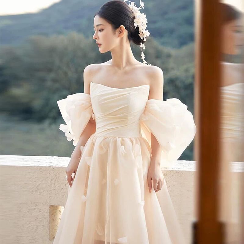 Puff-Sleeve Off Shoulder Sheer A-Line Evening Gown