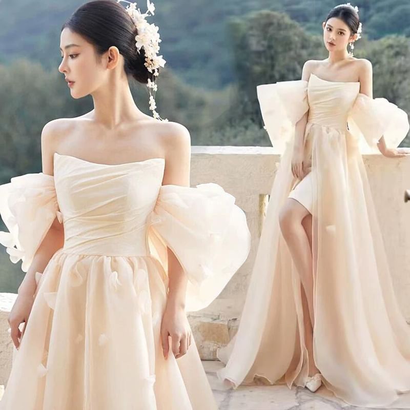 Puff-Sleeve Off Shoulder Sheer A-Line Evening Gown
