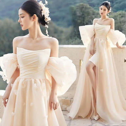 Puff-Sleeve Off Shoulder Sheer A-Line Evening Gown