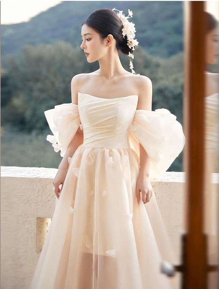 Puff-Sleeve Off Shoulder Sheer A-Line Evening Gown