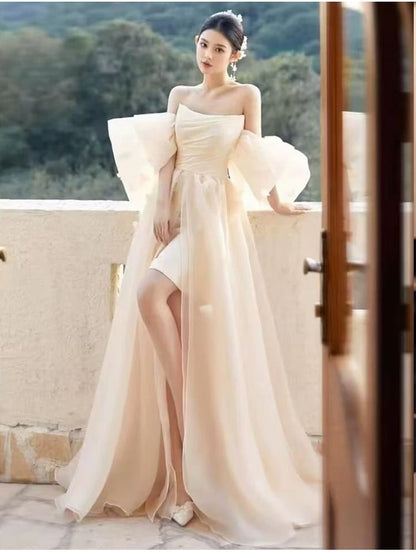 Puff-Sleeve Off Shoulder Sheer A-Line Evening Gown