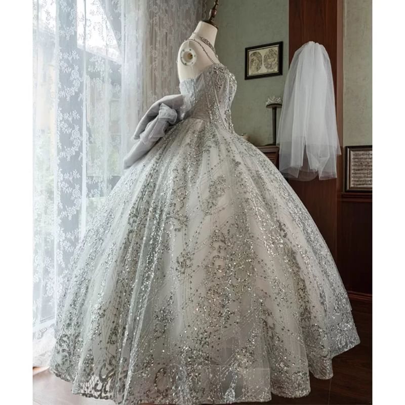 Spaghetti Strap Sequin A-Line Evening Ball Gown