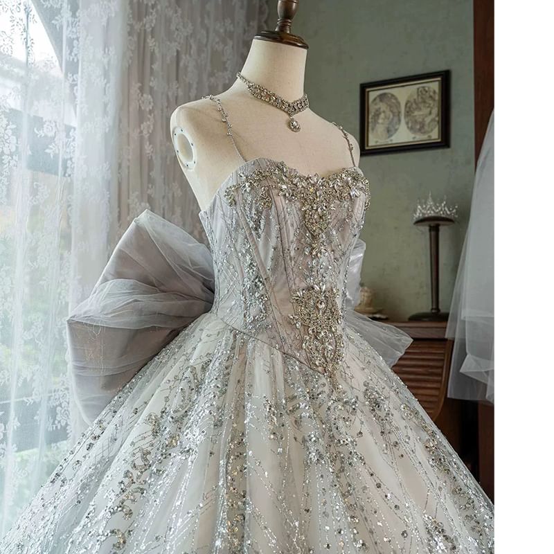 Spaghetti Strap Sequin A-Line Evening Ball Gown