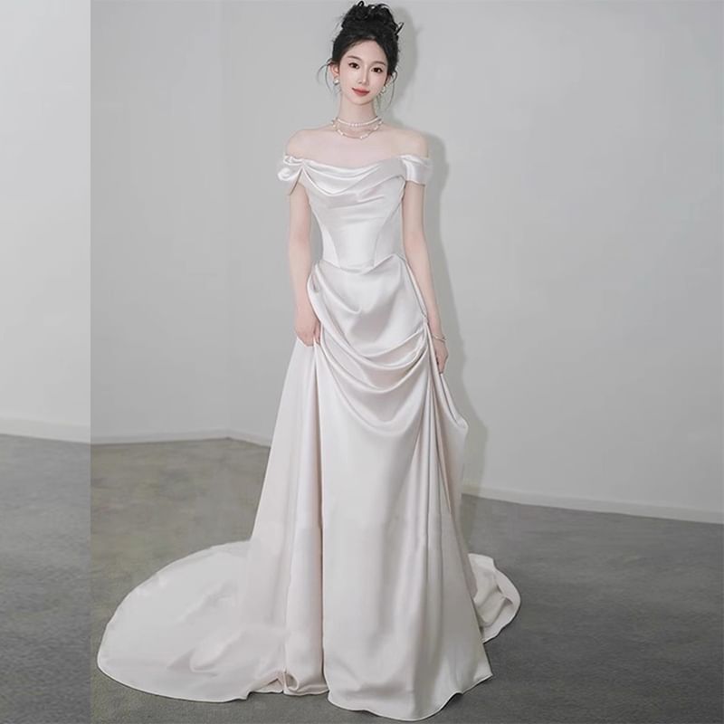 Off Shoulder Trained A-Line Wedding Gown