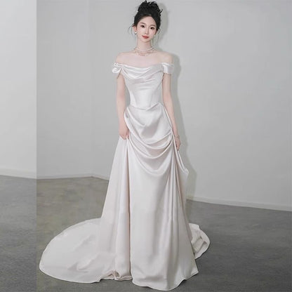Off Shoulder Trained A-Line Wedding Gown