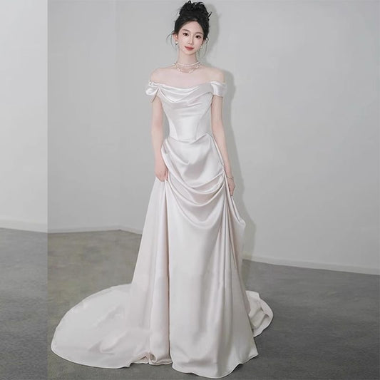 Off Shoulder Trained A-Line Wedding Gown