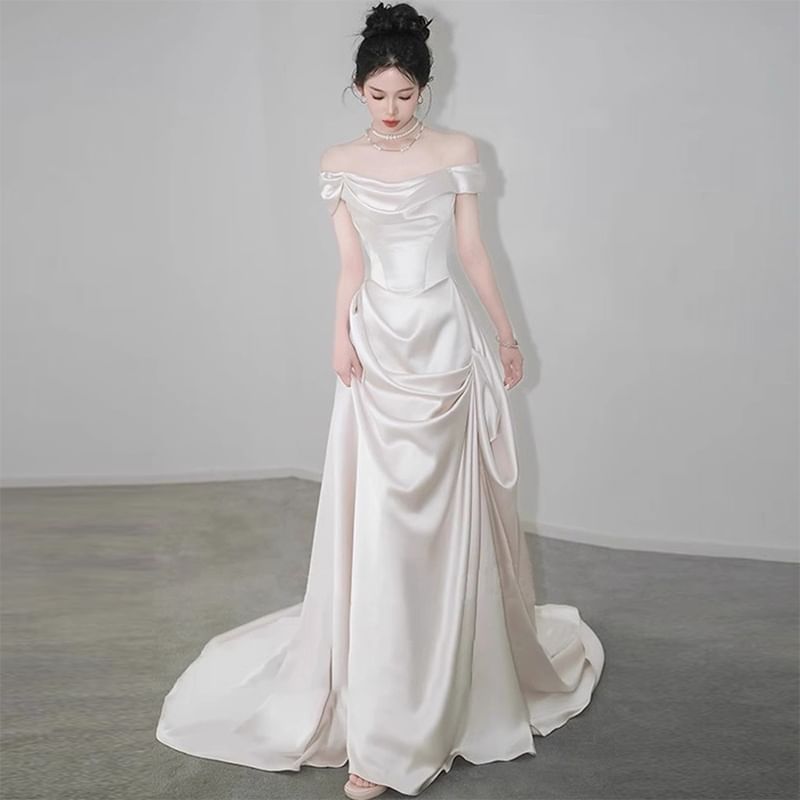 Off Shoulder Trained A-Line Wedding Gown