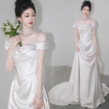 Off Shoulder Trained A-Line Wedding Gown